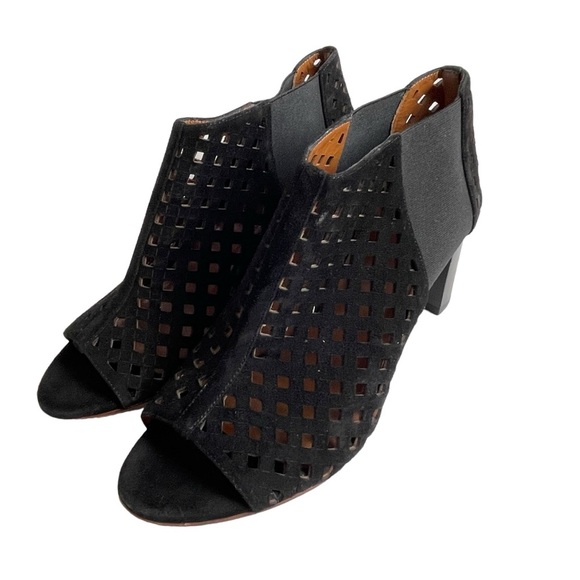 Aquatalia Shari Perforated Open Toe Suede Boots Size 10 Black Block Heel - Picture 2 of 10